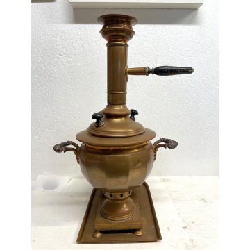 ANTICO Samovar da TE con VASSOIO GOCCIOLATOIO RAME METALLO LEGNO primo '900