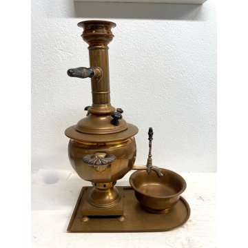 ANTICO Samovar da TE con VASSOIO GOCCIOLATOIO RAME METALLO LEGNO primo '900