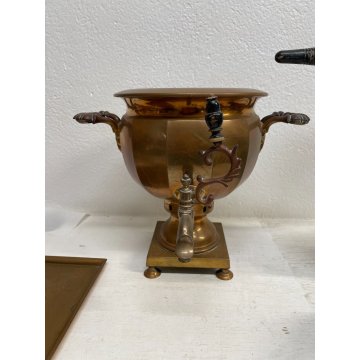 ANTICO Samovar da TE con VASSOIO GOCCIOLATOIO RAME METALLO LEGNO primo '900