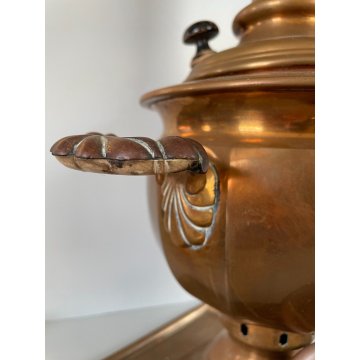 ANTICO Samovar da TE con VASSOIO GOCCIOLATOIO RAME METALLO LEGNO primo '900