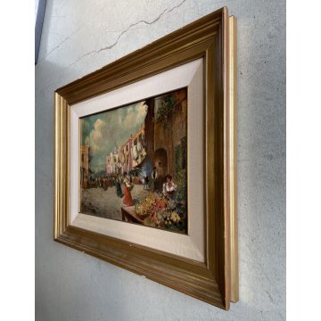 DIPINTO OLIO D. R. Gennaro (?) PAESAGGIO COSTIERA SCENA di MERCATO FIORAIA '900