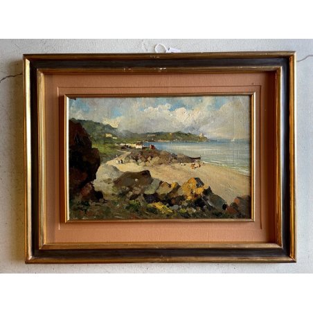 DIPINTO OLIO TELA Salvatore Balsamo MARINA PAESAGGIO Golfo di NAPOLI PRIMO '900