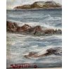 PICCOLO QUADRO DIPINTO OLIO Firmato PAESAGGIO COSTIERO MARINA ISOLA ONDE SCOGLI