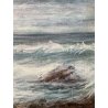 PICCOLO QUADRO DIPINTO OLIO Firmato PAESAGGIO COSTIERO MARINA ISOLA ONDE SCOGLI