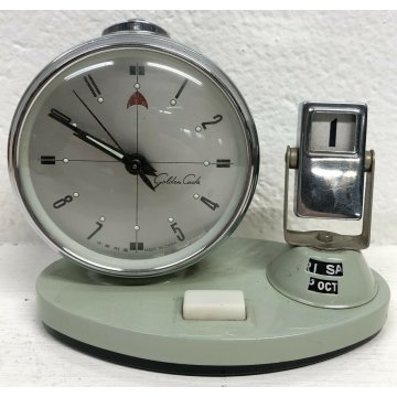 ANTICO OROLOGIO DA TAVOLO SVEGLIA GOLDEN COCK VINTAGE CALENDARIO CLOCK TABLE 