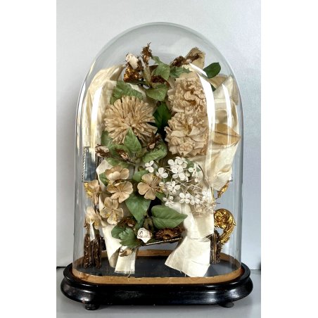 ANTICA TECA VETRO CAMPANA BASE LEGNO COMPOSIZIONE NUZIALE Globe de Mariage 43 cm