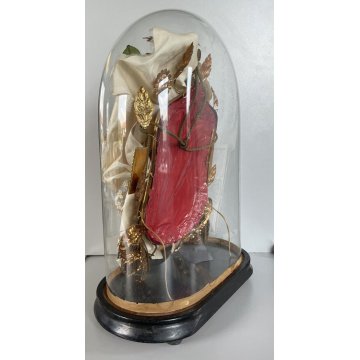 ANTICA TECA VETRO CAMPANA BASE LEGNO COMPOSIZIONE NUZIALE Globe de Mariage 43 cm