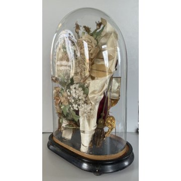 ANTICA TECA VETRO CAMPANA BASE LEGNO COMPOSIZIONE NUZIALE Globe de Mariage 43 cm