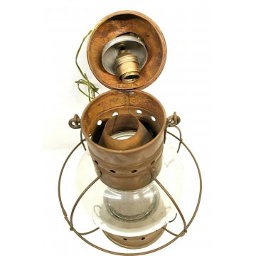 ANTICA LANTERNA NAUTICA LAMPADA RAME VETRO COPPER GLASS HANGHING SHIP LAMP OLD
