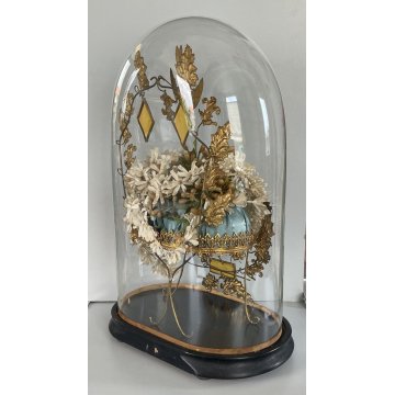 ANTICA TECA VETRO CAMPANA BASE LEGNO SEDIA CORONA FIORITA Globe de Mariage 43 cm