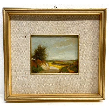 PICCOLO QUADRO DIPINTO OLIO VEDUTA PAESAGGIO STRADA PIANURA POST-IMPRESSIONISMO