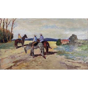 QUADRO DIPINTO Celso Maggio Andreani PAESAGGIO BUTTERI MANDRIANI CAVALLO '900