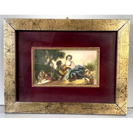 ANTICO DIPINTO OLIO MINIATURA CELLULOIDE SCENA PASTORALE INCONTRO GALANTE XX sec