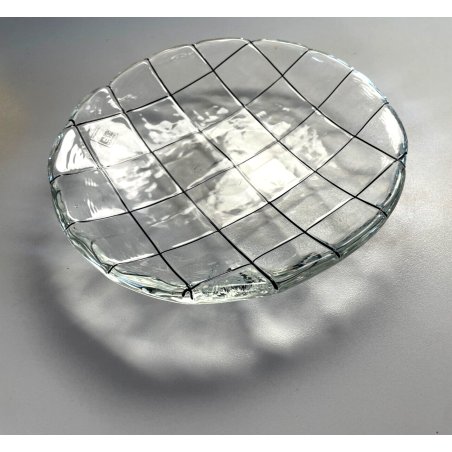 PIATTO DECORATIVO DESIGN F.lli TOSO MURANO VETRO DECORO RETICOLO ø 19cm '70/'80