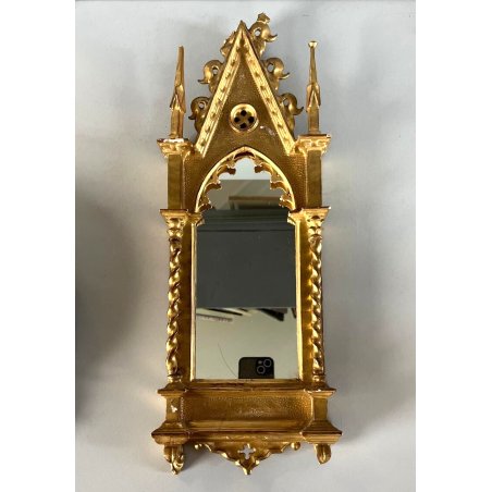 ANTICO SPECCHIO CORNICE a EDICOLA GOTICA LEGNO ORNATO INTAGLIATO FOGLIA ORO '800