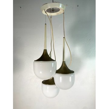 LAMPADARIO A SOSPENSIONE DESIGN ESPERIA 3 LUCI VETRO METALLO ANNI 70 LAMP GLAS