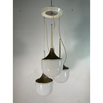 LAMPADARIO A SOSPENSIONE DESIGN ESPERIA 3 LUCI VETRO METALLO ANNI 70 LAMP GLAS