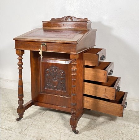 ANTICO SCRITTOIO DAVERPONT MOBILETTO RIBALTA INGLESE ROTELLE 1900 LEGNO MOGANO