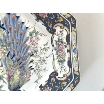 PIATTO VINTAGE DECORATIVO OTTAGONALE CERAMICA ORNAMENTALE Pavoni PEONIE JAPAN