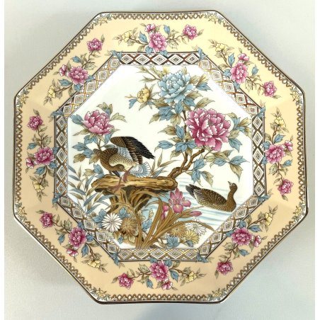 PIATTO VINTAGE OTTAGONALE CERAMICA ORNAMENTALE DECORO Anatre Peonie Tozan JAPAN