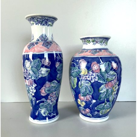 COPPIA VASO VINTAGE PORCELLANA BIANCA DECORO FLOREALE ORIENTALE BLUE & PINK '900