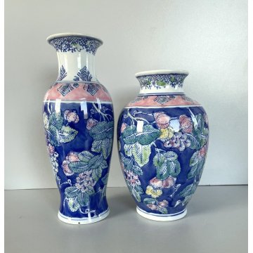 COPPIA VASO VINTAGE PORCELLANA BIANCA DECORO FLOREALE ORIENTALE BLUE & PINK '900