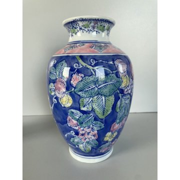 COPPIA VASO VINTAGE PORCELLANA BIANCA DECORO FLOREALE ORIENTALE BLUE & PINK '900