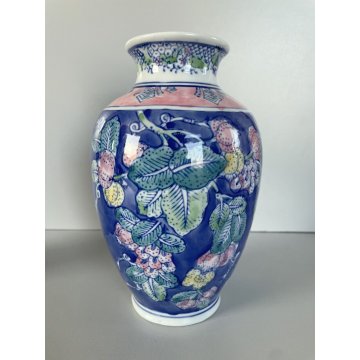 COPPIA VASO VINTAGE PORCELLANA BIANCA DECORO FLOREALE ORIENTALE BLUE & PINK '900