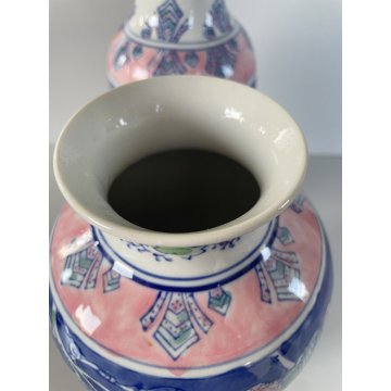 COPPIA VASO VINTAGE PORCELLANA BIANCA DECORO FLOREALE ORIENTALE BLUE & PINK '900