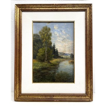 ANTICO QUADRO DIPINTO OLIO PAESAGGIO BOSCHIVO LAGO STAGNO RUSCELLO '900