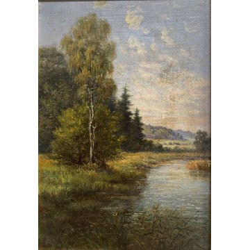 ANTICO QUADRO DIPINTO OLIO PAESAGGIO BOSCHIVO LAGO STAGNO RUSCELLO '900