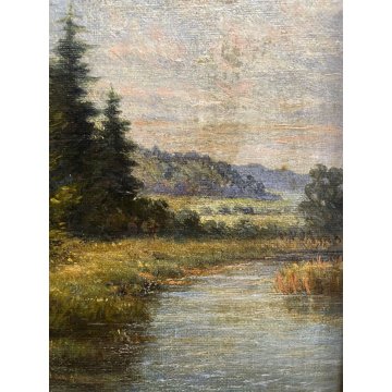 ANTICO QUADRO DIPINTO OLIO PAESAGGIO BOSCHIVO LAGO STAGNO RUSCELLO '900