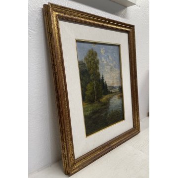 ANTICO QUADRO DIPINTO OLIO PAESAGGIO BOSCHIVO LAGO STAGNO RUSCELLO '900