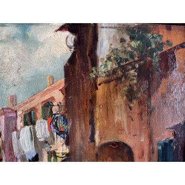 DIPINTO OLIO D. R. Gennaro (?) PAESAGGIO COSTIERA SCENA di MERCATO FIORAIA '900