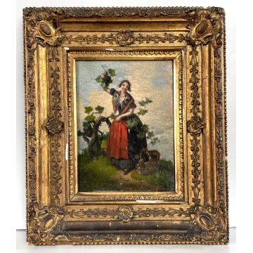 PICCOLO QUADRO DIPINTO OLIO Angelo Inganni GENERE CONTADINA ALLA VENDEMMIA 1860