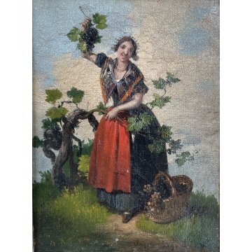 PICCOLO QUADRO DIPINTO OLIO Angelo Inganni GENERE CONTADINA ALLA VENDEMMIA 1860