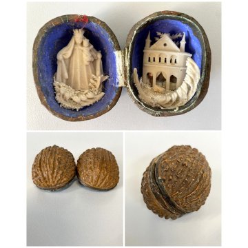 ANTICA TECA RELIQUIARIO Madonna Gesù CATTEDRALE MINIATURA DIORAMA GUSCIO NOCE