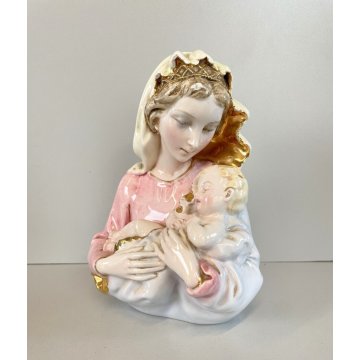 SCULTURA TUTTOTONDO CERAMICA SMALTATA Fontanini MADONNA CON BAMBINO ORO ZECCHINO