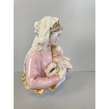 SCULTURA TUTTOTONDO CERAMICA SMALTATA Fontanini MADONNA CON BAMBINO ORO ZECCHINO