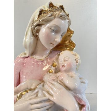 SCULTURA TUTTOTONDO CERAMICA SMALTATA Fontanini MADONNA CON BAMBINO ORO ZECCHINO