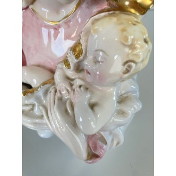 SCULTURA TUTTOTONDO CERAMICA SMALTATA Fontanini MADONNA CON BAMBINO ORO ZECCHINO