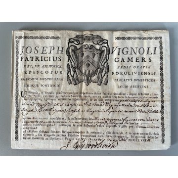 ANTICO CERTIFICATO AUTENTICA RELIQUIA Joseph Vignoli MDCCLXXLX RELIGIOSO 1810