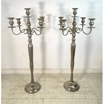 GRANDE COPPIA CANDELABRO H 150 cm CANDELIERE PORTACANDELE METALLO ARGENTATO