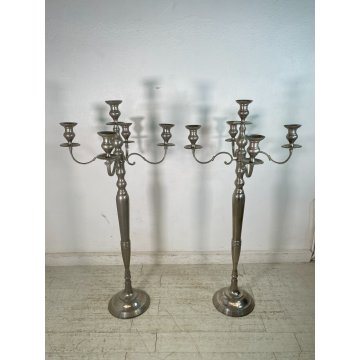 GRANDE COPPIA CANDELABRO H 150 cm CANDELIERE PORTACANDELE METALLO ARGENTATO