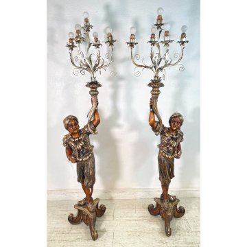 ANTICA COPPIA MORO LEGNO SCULTURA SCOLPITO LAMPADA TERRA 5 LUCI H 186 cm EPOCA