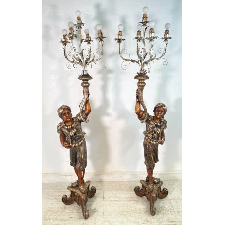 ANTICA COPPIA MORO LEGNO SCULTURA SCOLPITO LAMPADA TERRA 5 LUCI H 186 cm EPOCA