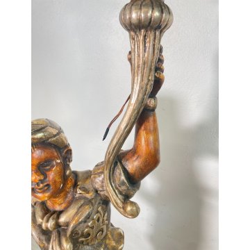 ANTICA COPPIA MORO LEGNO SCULTURA SCOLPITO LAMPADA TERRA 5 LUCI H 186 cm EPOCA