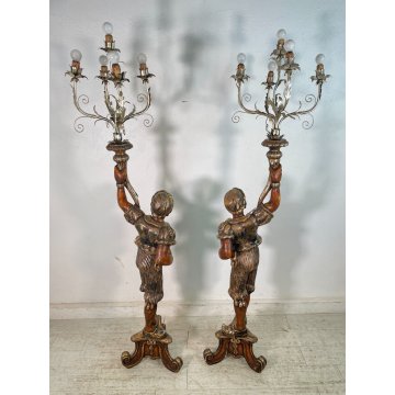 ANTICA COPPIA MORO LEGNO SCULTURA SCOLPITO LAMPADA TERRA 5 LUCI H 186 cm EPOCA