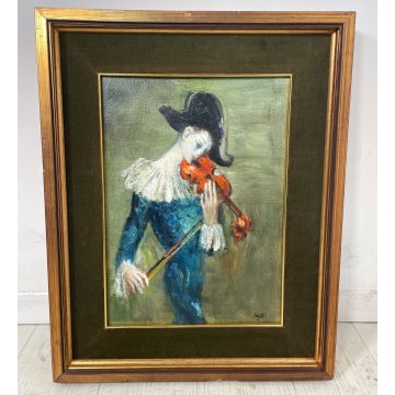 QUADRO DIPINTO OLIO TAVOLA Edmondo Poletti RITRATTO MASCHERA MUSICISTA VIOLINO