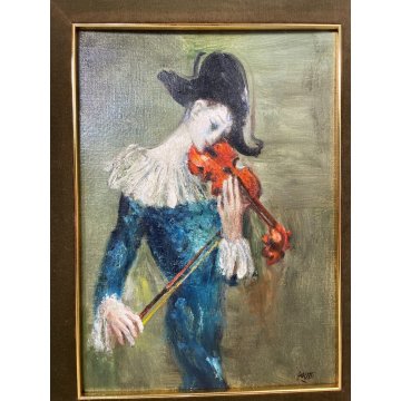 QUADRO DIPINTO OLIO TAVOLA Edmondo Poletti RITRATTO MASCHERA MUSICISTA VIOLINO